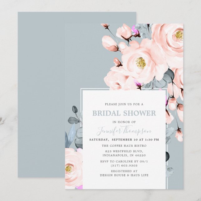 Blush & Dusty Blue Watercolor Floral Bridal Shower Invitation (Front/Back)