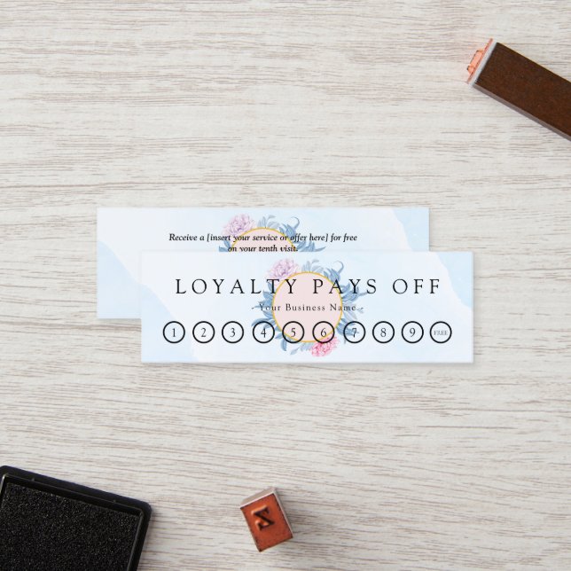 Blush Dusty Blue Watercolor Loyalty Punch Card (Front/Back In Situ)