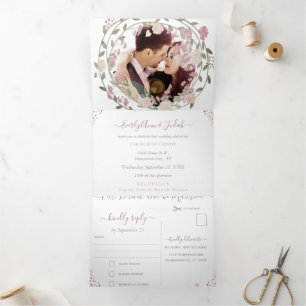 Blush Dusty Pink Earthy Hues Peony Floral  Wedding Tri-Fold Invitation