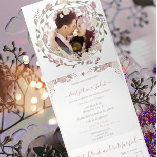 Blush Dusty Pink Earthy Hues Peony Floral Wedding Tri-Fold Invitation