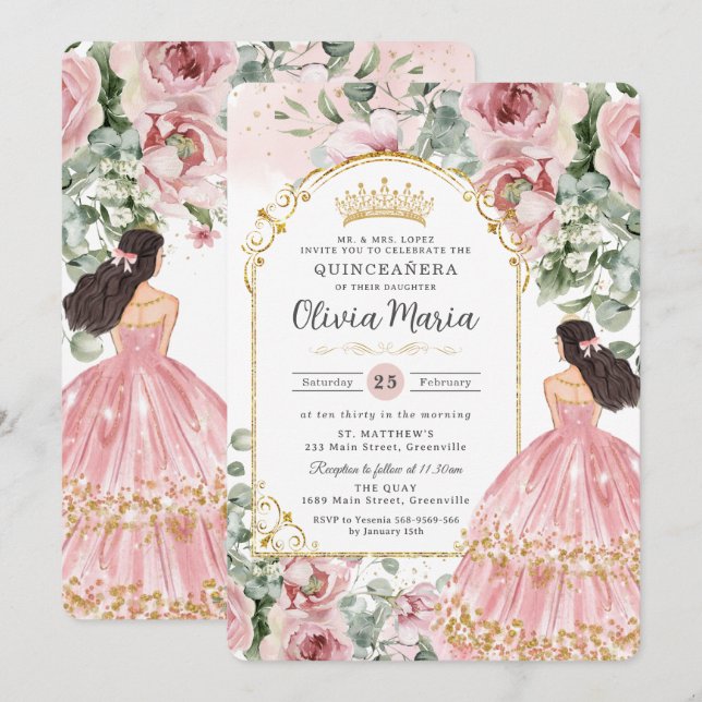 Blush Dusty Pink Floral Dress Quinceañera Sweet 16 Invitation (Front/Back)