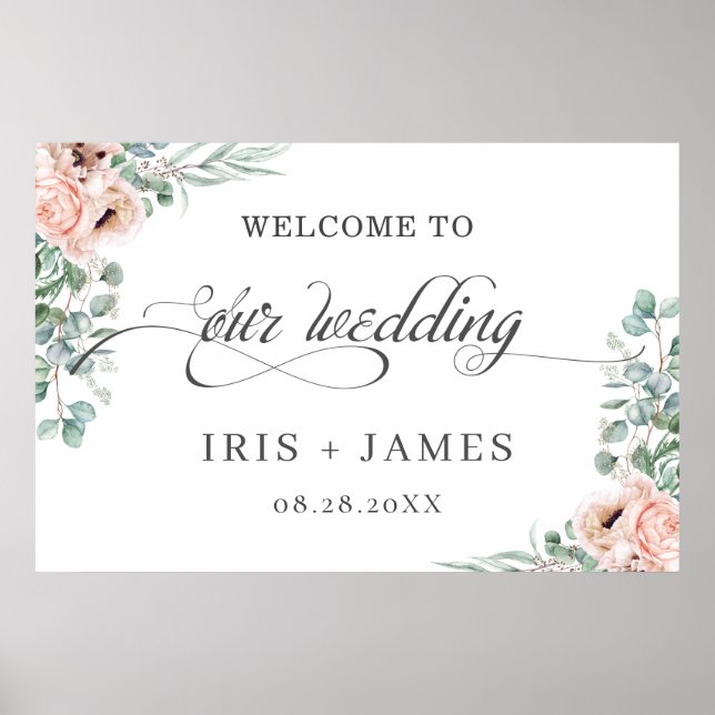 Blush Dusty Pink Floral Eucalyptus Wedding Welcome Poster (Front)