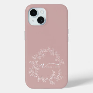 Blush Dusty Pink Girly Script Monogram Name Modern iPhone 15 Case