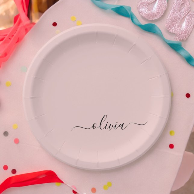 Blush Dusty Pink Girly Script Monogram Name Modern Paper Plate (Creator Uploaded)