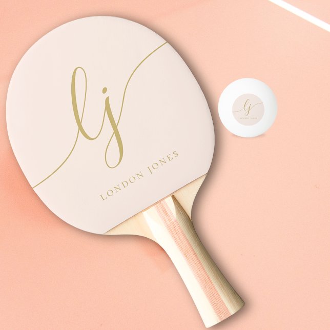 Blush Dusty Pink Modern Gold Script Monogram Name  Ping Pong Paddle (Creator Uploaded)
