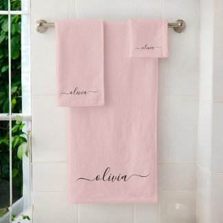Blush Dusty Pink Modern Script Girly Monogram Name Bath Towel Set