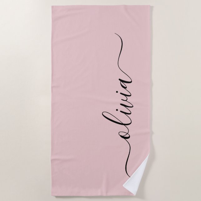 Blush Dusty Pink Modern Script Girly Monogram Name Beach Towel (Front)
