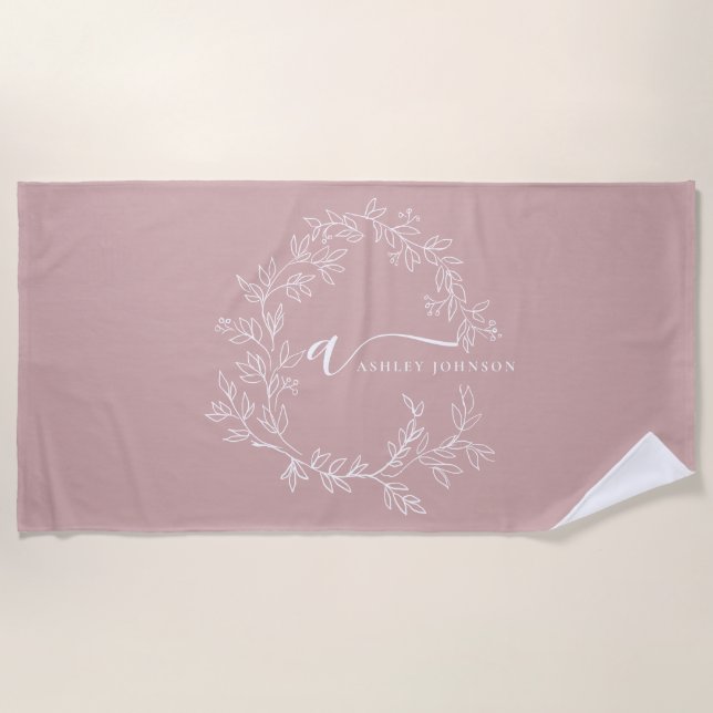 Blush Dusty Pink Modern Script Girly Monogram Name Beach Towel (Front)