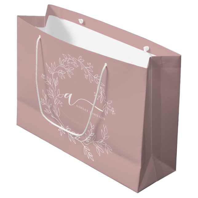 Blush Dusty Pink Modern Script Girly Monogram Name Large Gift Bag (Front Angled)