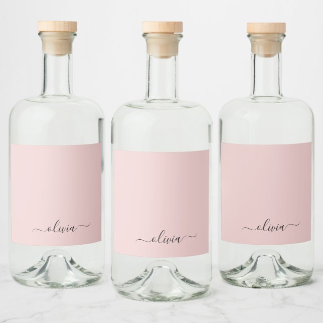 Blush Dusty Pink Modern Script Girly Monogram Name Liquor Bottle Label (Bottles)