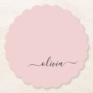 Blush Dusty Pink Modern Script Girly Monogram Name Paper Coaster