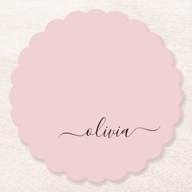 Blush Dusty Pink Modern Script Girly Monogram Name Paper Coaster (Front)