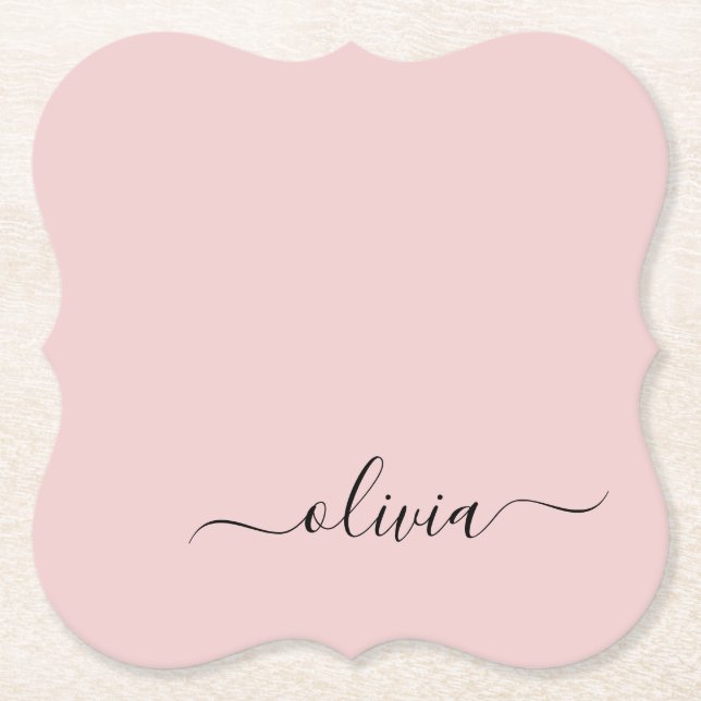 Blush Dusty Pink Modern Script Girly Monogram Name Paper Coaster (Front)