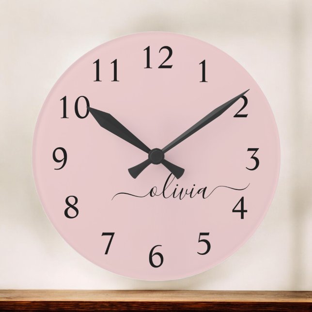Blush Dusty Pink Modern Script Girly Monogram Name Round Clock (Creator Uploaded)
