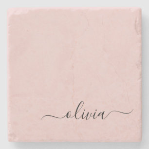 Blush Dusty Pink Modern Script Girly Monogram Name Stone Coaster