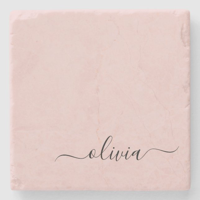 Blush Dusty Pink Modern Script Girly Monogram Name Stone Coaster (Front)