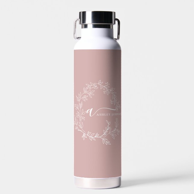 Blush Dusty Pink Modern Script Girly Monogram Name Water Bottle (Front)