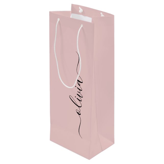 Blush Dusty Pink Modern Script Girly Monogram Name Wine Gift Bag (Back Angled)