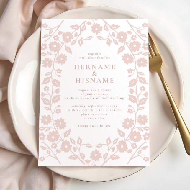 Blush Dusty Pink Simple Modern Folk Floral Wedding Invitation (Creator Uploaded)