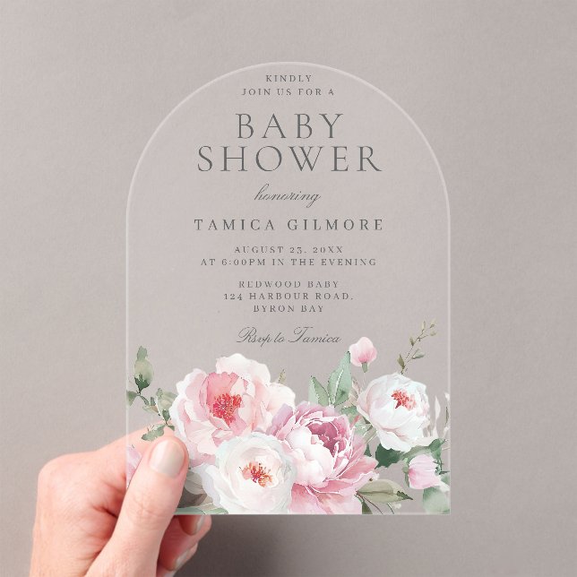 Blush Dusty Rose Botanical Floral Baby Shower Acrylic Invitations (Insitu (Handheld))