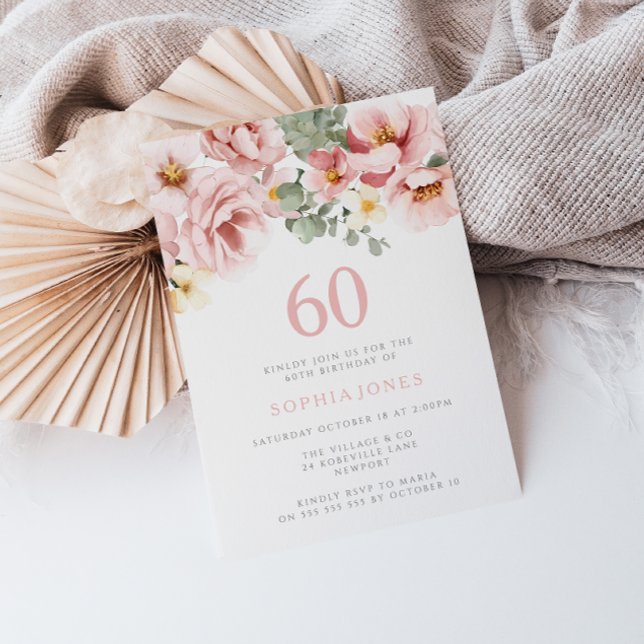 Blush Dusty Rose Floral 60th Birthday Party Invitation (Creator Uploaded)