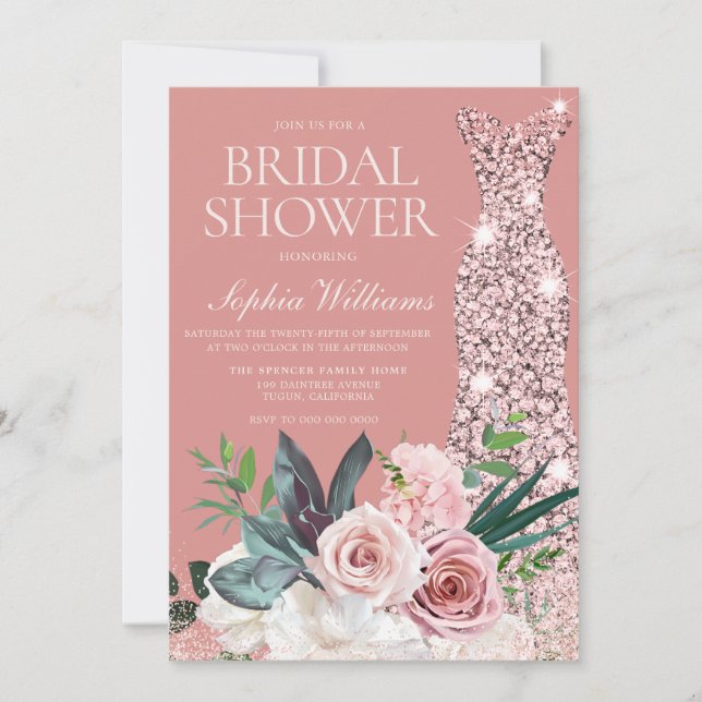 Blush & Dusty Rose Gold Dress Brida Shower Invitation (Front)