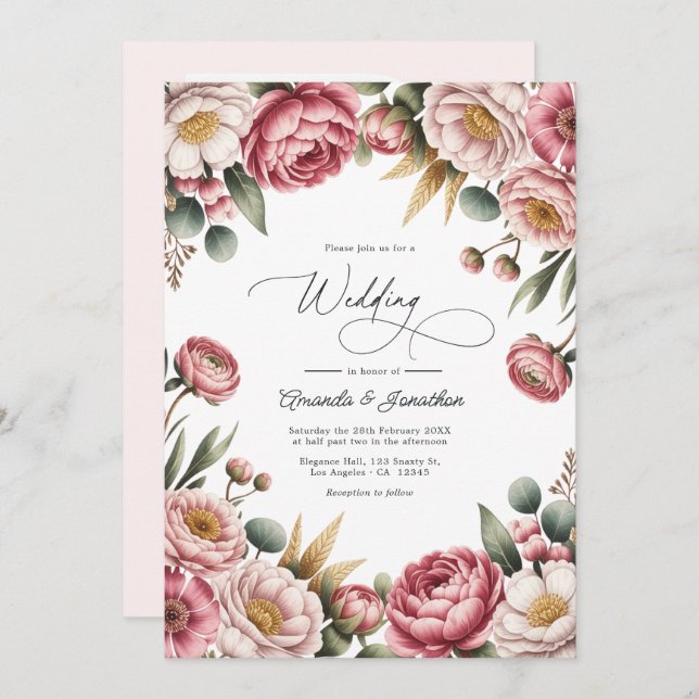 Blush, Dusty Rose & Gold Floral Wedding QR Code Invitation (Front/Back)