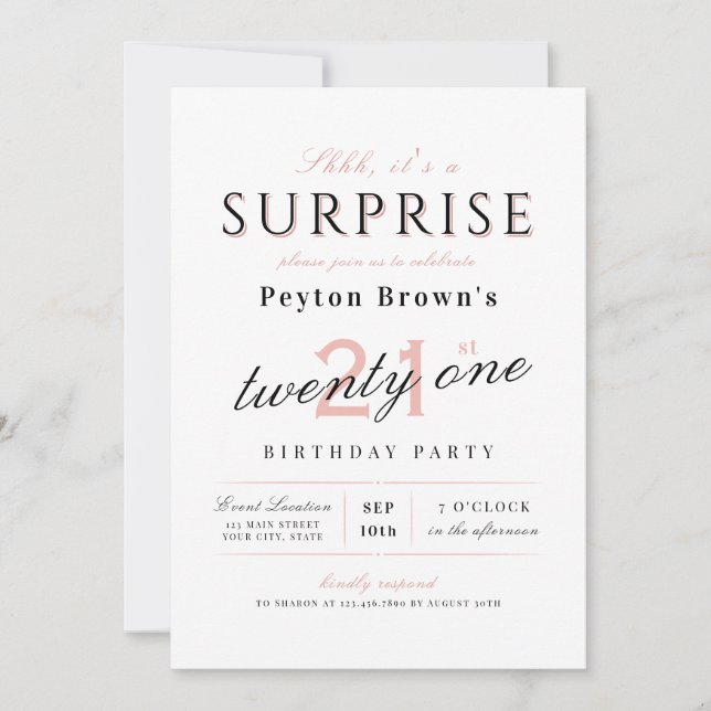 Blush elegant modern classy surprise 21st birthday invitation (Front)