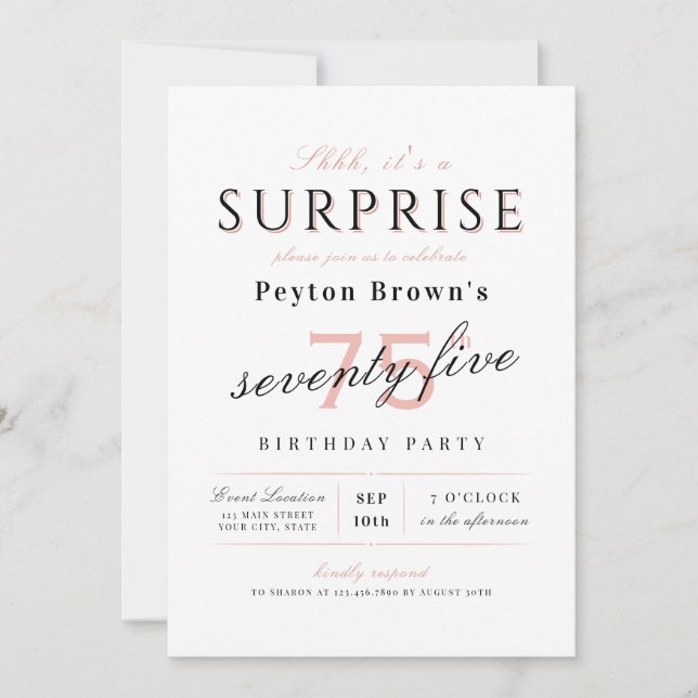 Blush elegant modern classy surprise 75th birthday invitation (Front)