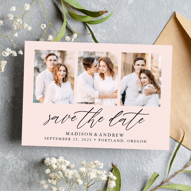 Blush | Elegant Script 3 Photo Collage Save The Date (Creator Uploaded)