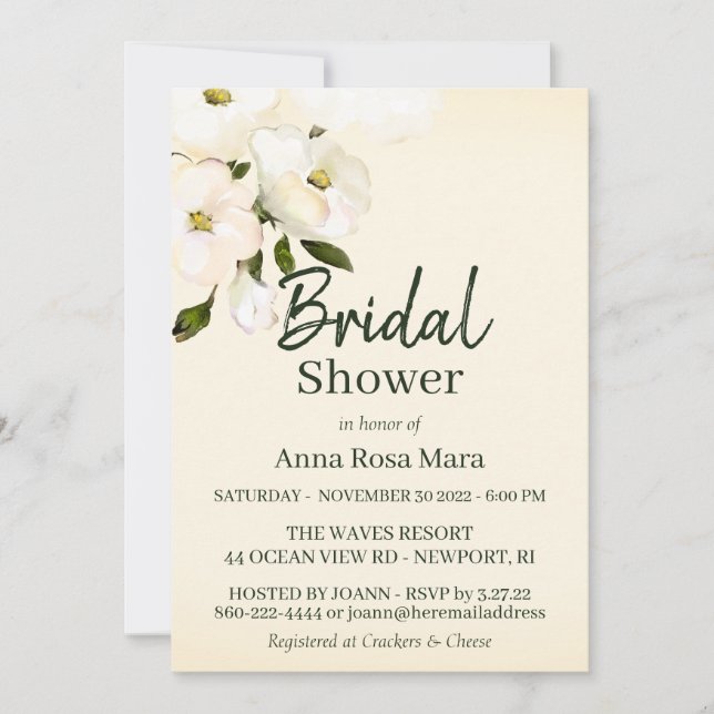 *~* Blush Elegant White Beach Roses Bridal Shower Invitation (Front)