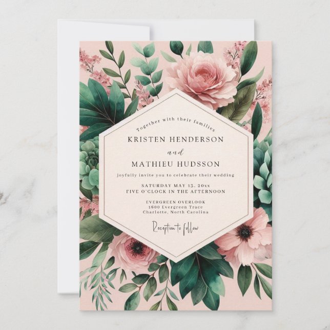 Blush Emerald Bloom Romance Wedding Invitation (Front)