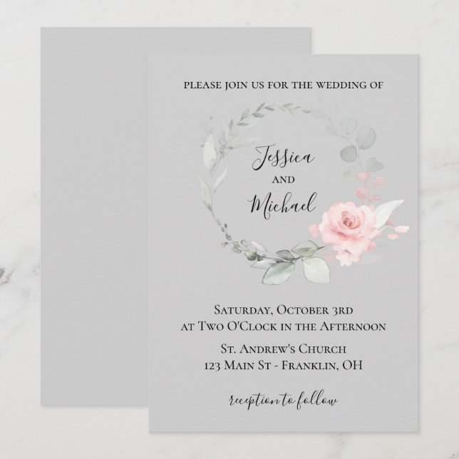 Blush et Grey Faire-part de mariage - Rose Wreath (Devant / Derrière)
