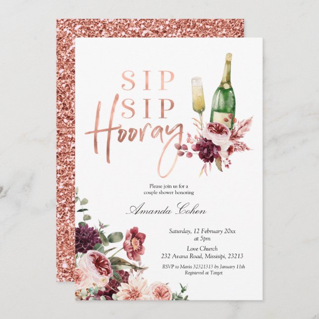 Blush et Marsala Sip Hooray Invitation (Devant / Derrière)