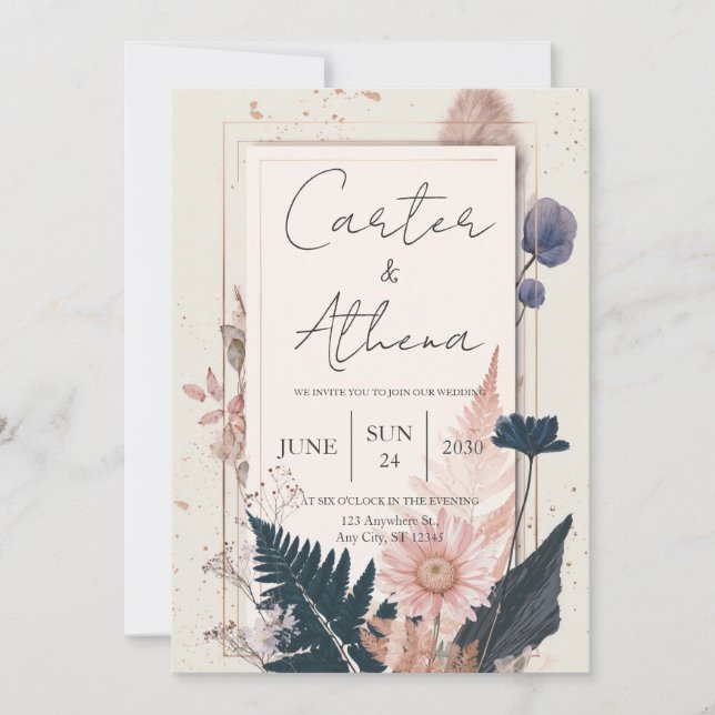 Blush et Navy Botanical Faire-part de mariage (Devant)