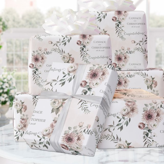 Blush Eucalyptus Wedding Add Name & Congratulation Wrapping Paper (Creator Uploaded)