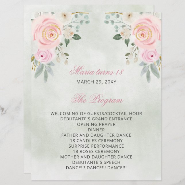 Blush Floral 18 Candles and Roses Ceremony Program (Front/Back)