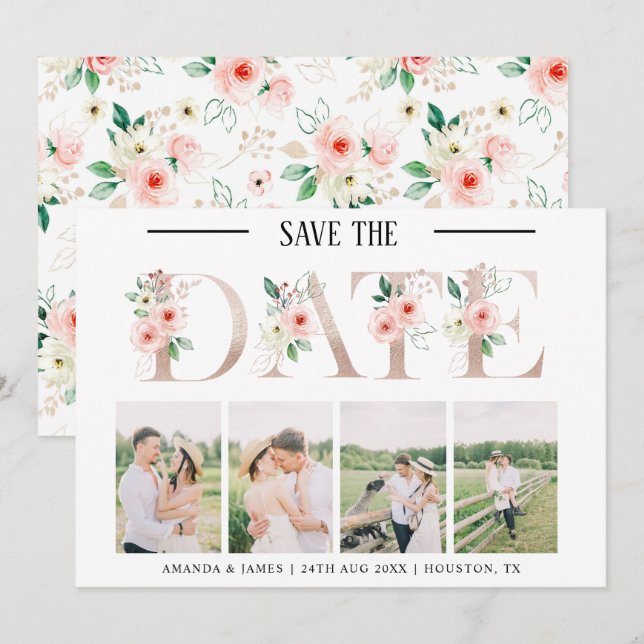 Blush Floral 4 Photo Wedding Enregistrer la carte  (Devant / Derrière)