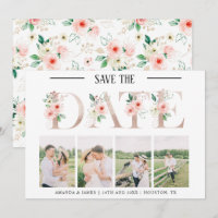 Blush Floral 4 Photo Wedding Save the Date Card