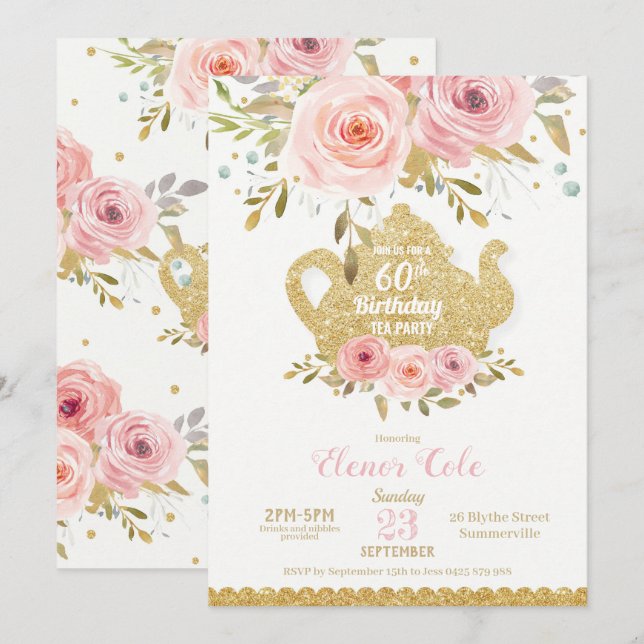 Blush Floral 60th Birthday Tea Party High Tea Invitation (Front/Back)