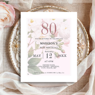 Blush Floral 80th Budget Birthday Invitation