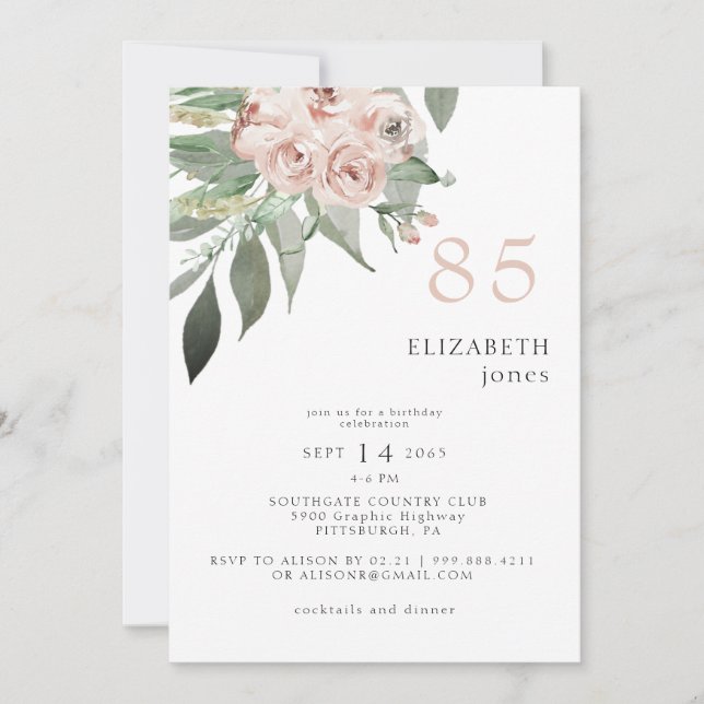 Blush Floral 85E Invitation de fête d'anniversaire (Devant)