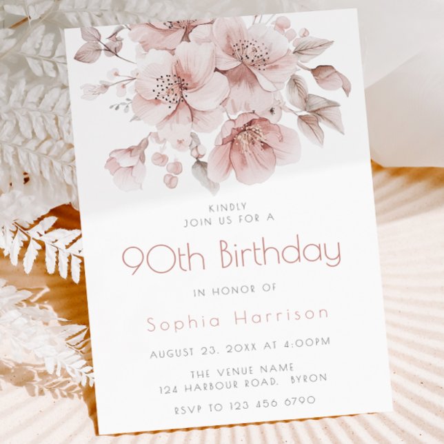 Blush Floral 90th Birthday Ninetieth Celebration Invitation (Creator Uploaded)