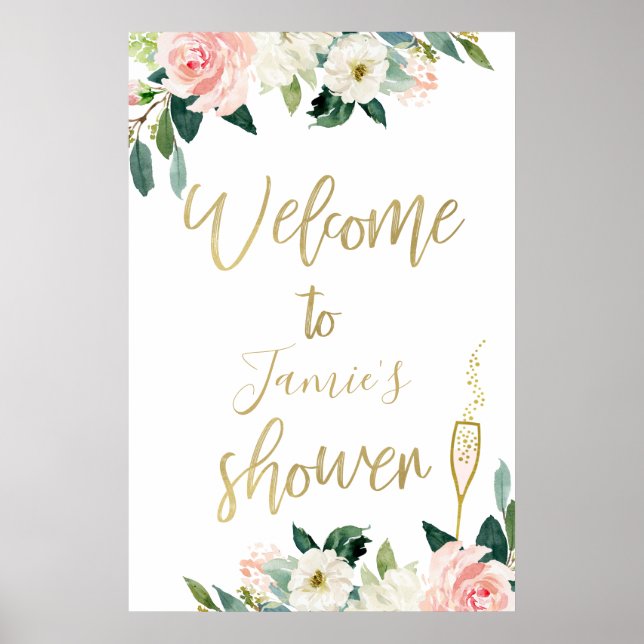 Blush Floral And Glass Bridal Shower Poster (Front)