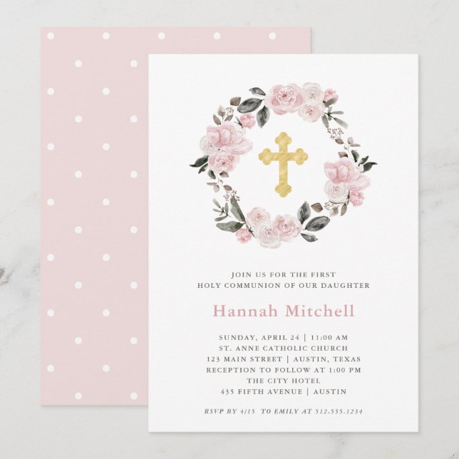 Blush Floral and Gold Cross | First Holy Communion Invitation (Front/Back)