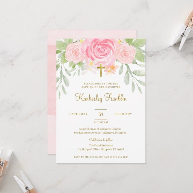 Blush Floral and Gold Foil Girls Baptism Communion Invitation (Front/Back In Situ)
