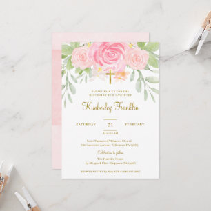 Blush Floral and Gold Foil Girls Baptism Communion Invitation