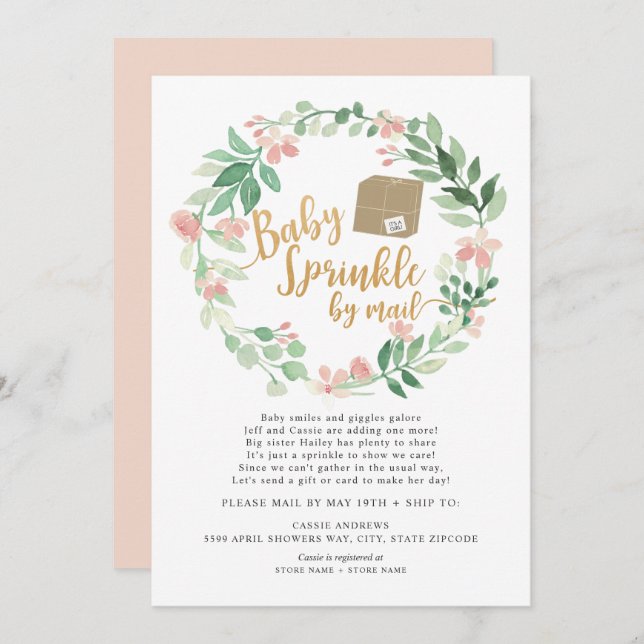 Blush Floral Baby Sprinkle by mail baby shower Invitation (Front/Back)