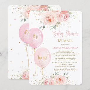 Blush Floral Balloons Twins Baby Shower by Mail Invitation