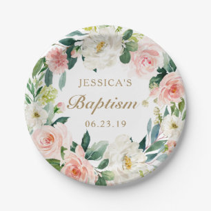 Blush Floral Baptism Paper Plate